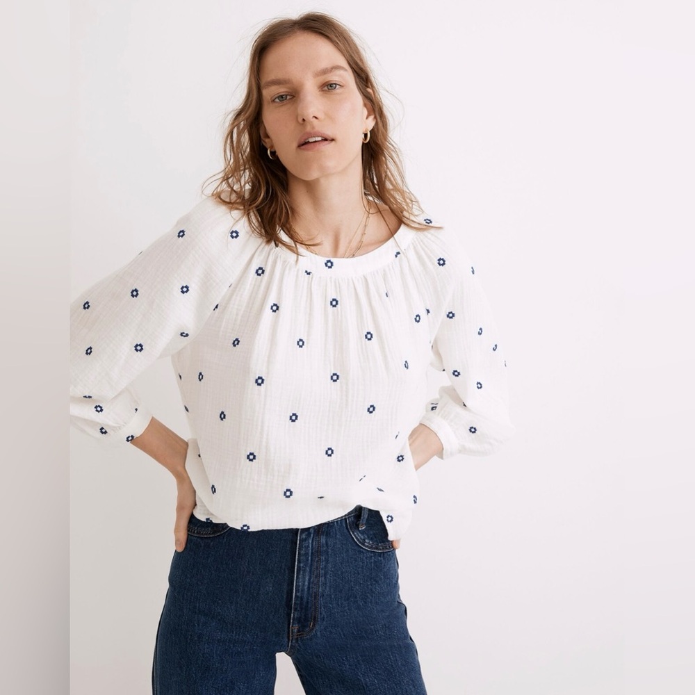 Madewell Embroidered Lightspun Wide-Neck Cuffed-Sleeve Top White Blue XS